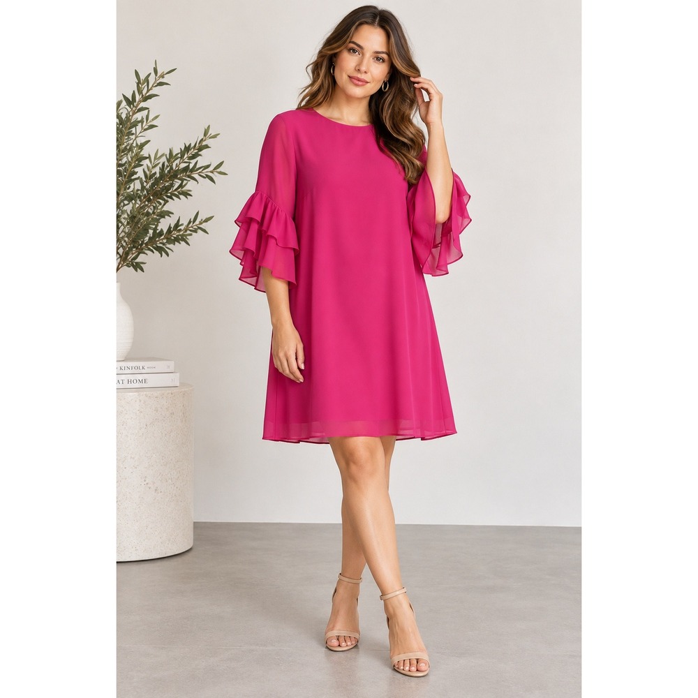 Vince Camuto Hot Pink Chiffon Shift Dress Ruffle Sleeves Barbiecore Size 10